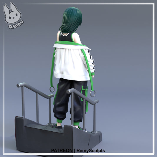 Maomao The Apothecary Diaries 1:7 scale resin statue painted back render showing loose jacket long dark green hair and urban stairway base details