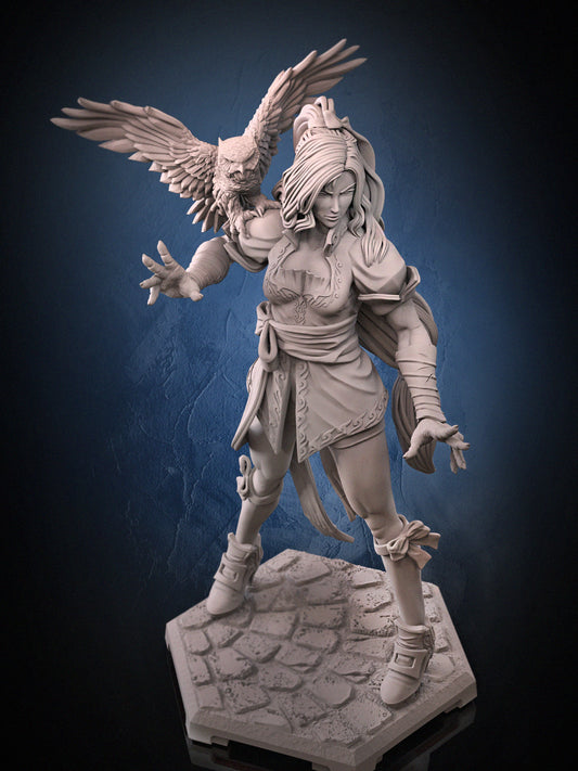 Maria Renard human sorceress resin tabletop miniature front clay render with owl familiar flowing hair magical stance gothic fantasy outfit and supernatural tabletop RPG styling