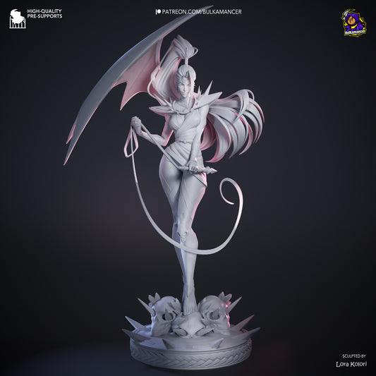 Front angle of Megaera unpainted figure standing poised with raised whip, extended wings, and dynamic hair flowing to the side.
