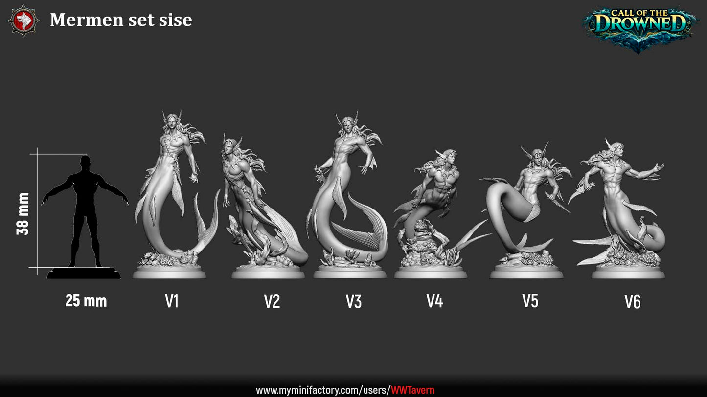 Size comparison chart showing all six Mermen miniatures from Call of the Drowned at 32mm scale