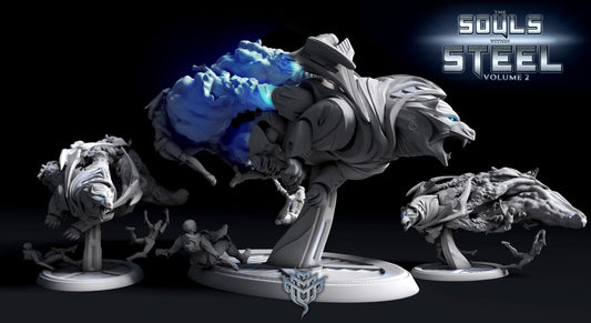 Metal Ursus Pose 1 in all variants, featuring a mid-leap pose with modular flame effects. Flame-with-victims version includes dynamic humanoid sculpts being launched outward. Blue lighting enhances sci-fi elements.