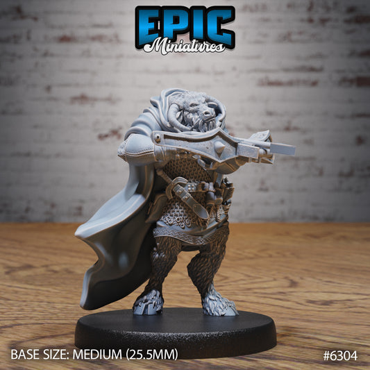 minotaur resin miniature dungeons and dragons monster aiming crossbow wearing cloak and chainmail fantasy tabletop creature