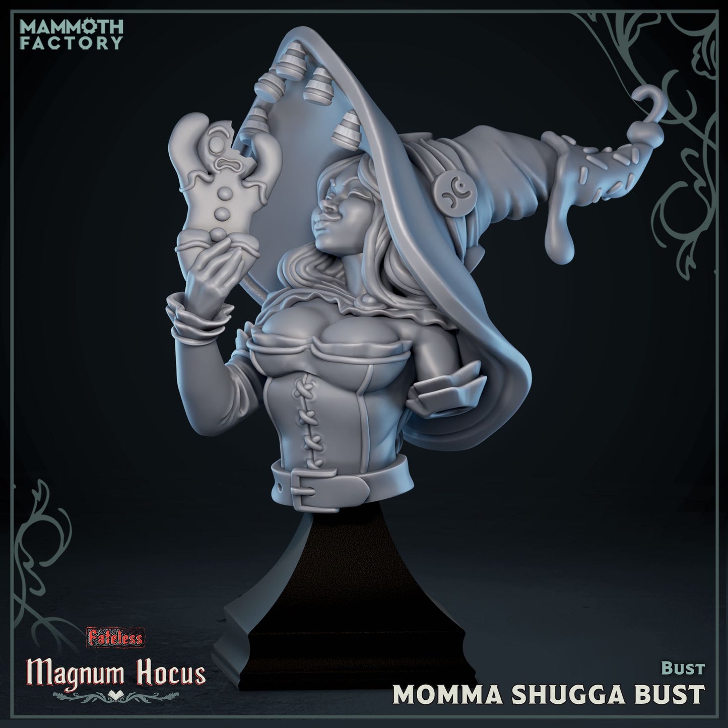Momma Shugga candy witch display bust from Magnum Hocus by Mammoth Factory holding gingerbread cookie