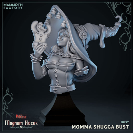 Momma Shugga candy witch display bust from Magnum Hocus by Mammoth Factory holding gingerbread cookie
