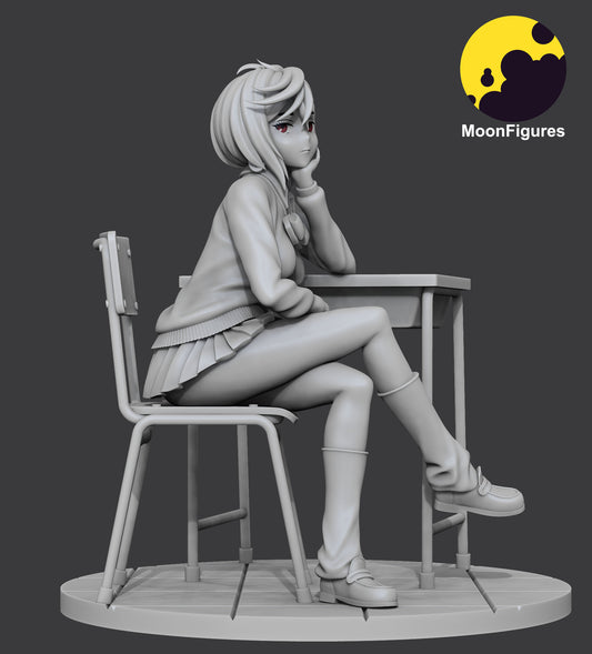 anime school girl grey model sculpt seated pose desk chair uniform detailed resin figure