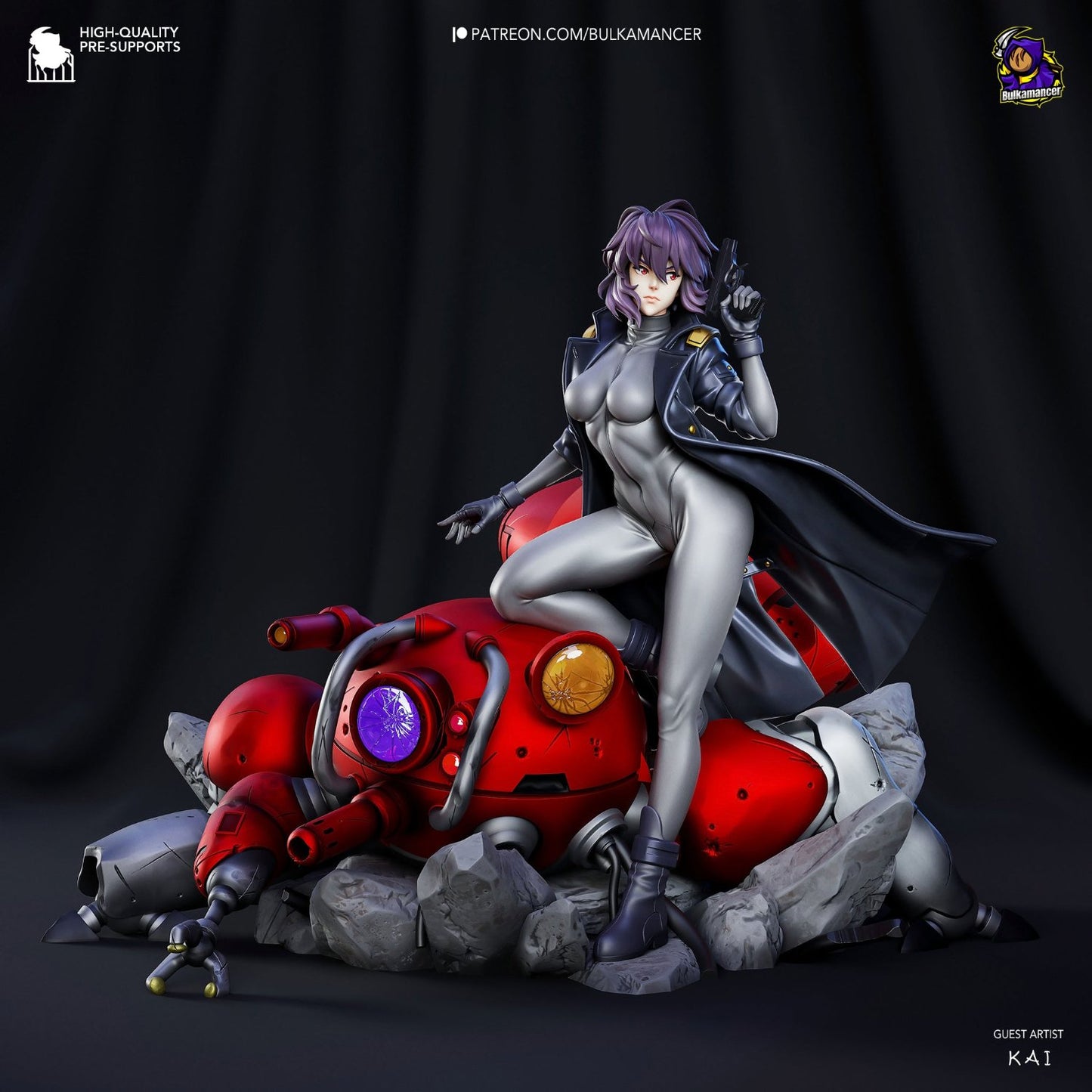 Front view of Motoko Kusanagi figurine seated on a damaged Tachikoma, holding a gun, with her sleek cyberpunk suit and flowing coat.