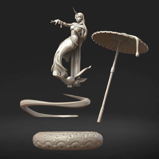 Naia naiad water spirit resin tabletop miniature exploded parts layout with parasol water swirl base female elemental fantasy RPG miniature kit