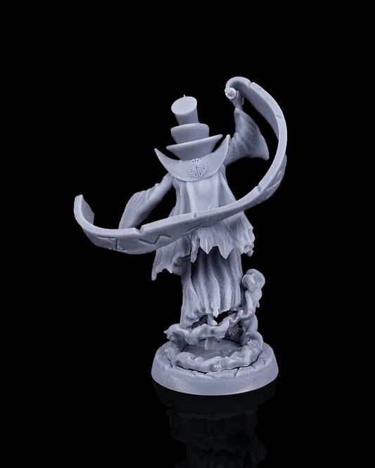 Lich miniature rear view from Beldrad's Bag of Beasts with flowing tattered robes, curved ritual staff, arcane markings, and elevated base, undead spellcaster miniature for tabletop roleplaying games