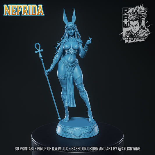 Nefrida human desert priestess miniature raw render with ankh staff, ornate headpiece, confident standing pose, Egyptian inspired fantasy cleric model