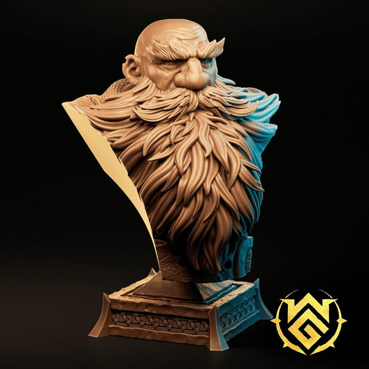 Nuri on Holiday dwarf merchant fantasy bust miniature with massive braided beard thick eyebrows bald head and detailed dwarf facial features for Dungeons and Dragons and fantasy RPG displays