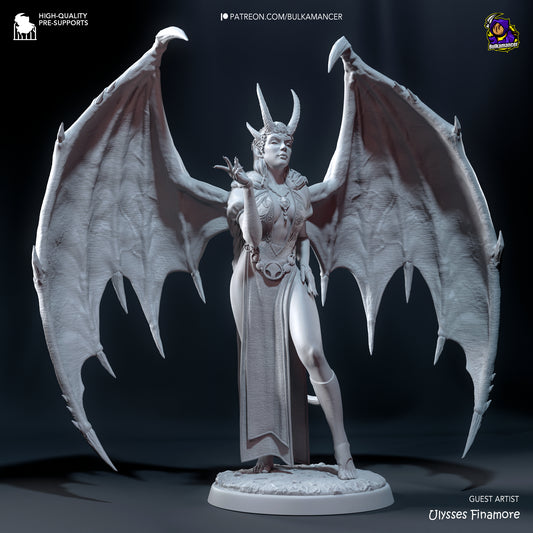 Mizora miniature in a confident pose, one hand raised, with large bat-like wings spread wide and adorned in flowing robes.