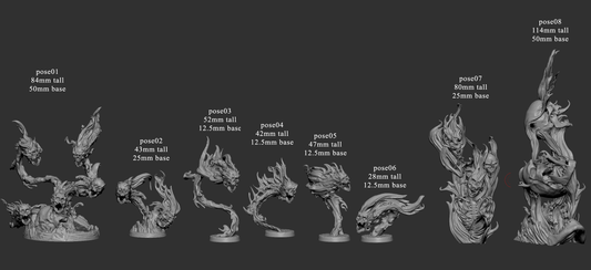 Group collage featuring all eight flaming skull poses with swirling fire and skeletal detail, labeled with heights and base sizes.