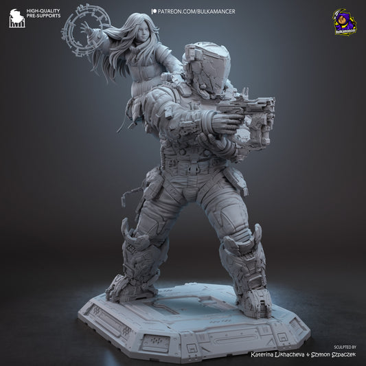 Pragmata Diana and Hugh 1:8 scale resin diorama front grey render featuring futuristic astronaut and floating girl pose