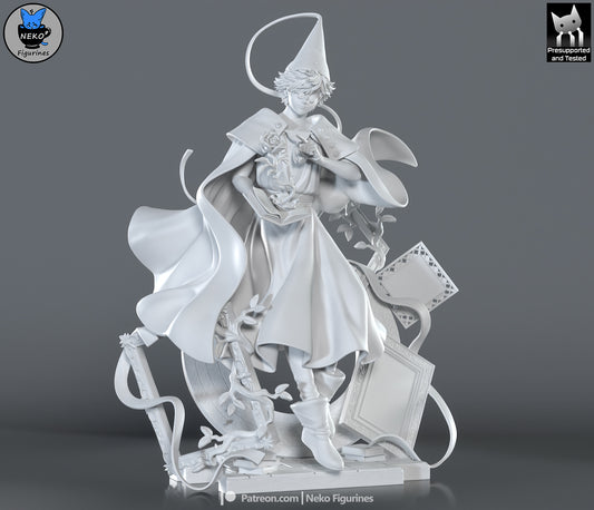 Qifrey Witch Hat Atelier anime wizard figure front view flowing robes pointed hat magical book fantasy statue
