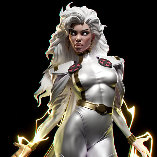 full figure in white costume with flowing cape and lightning effects, standing on an X-Men logo base.