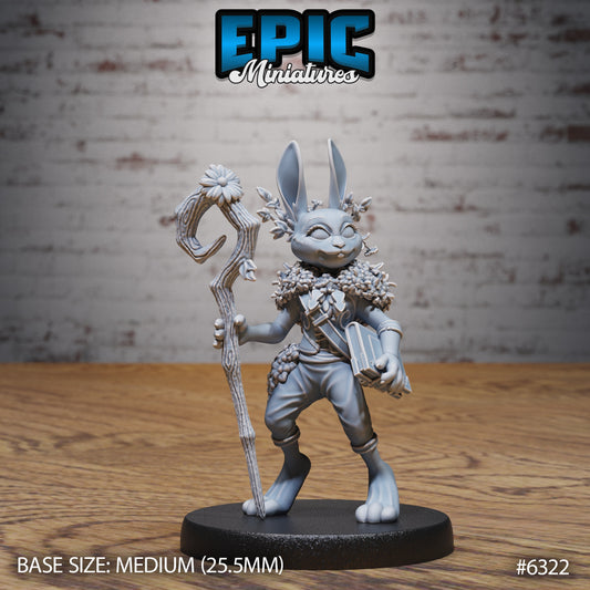 rabbit folk druid resin miniature harengon holding wooden staff nature caster dungeons and dragons tabletop character