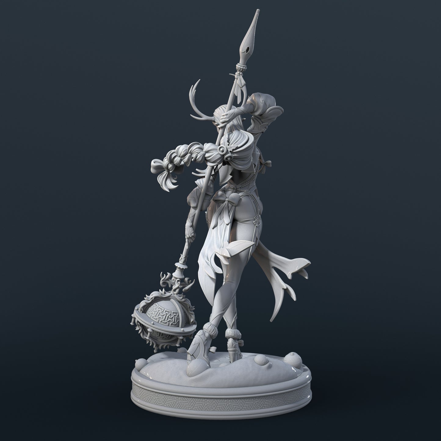 Carol Wood Elf miniature shown from behind, featuring long braided hair, trailing cloth panels, fitted armor details, and elevated stepping pose on a textured round base