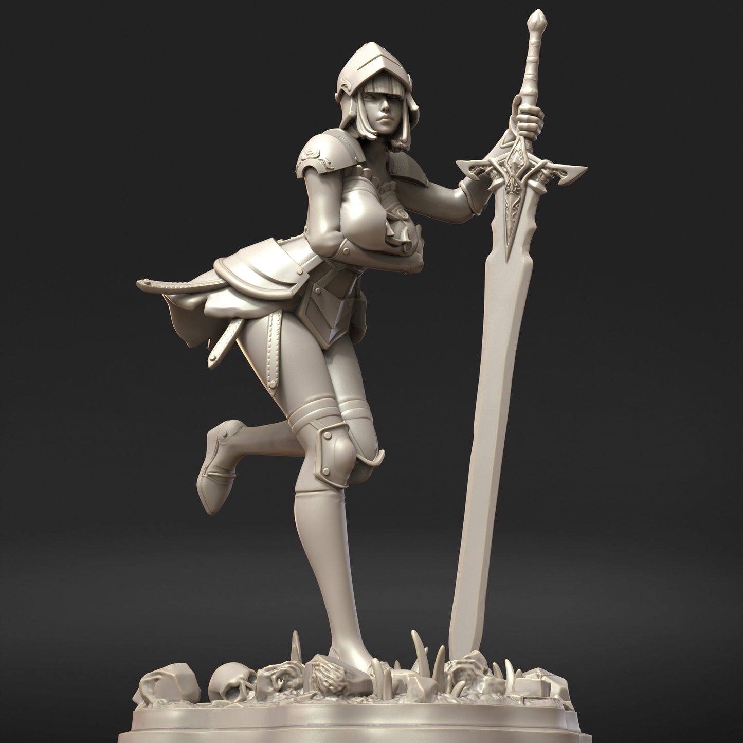 Brienne armored female knight miniature leaping pose with planted greatsword, full plate armor, skull-strewn base, fantasy paladin warrior miniature for Dungeons and Dragons Pathfinder Warhammer