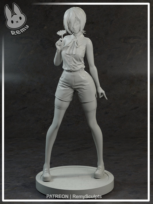 Reze Chainsaw Man 1:7 scale figure front view unpainted render holding flower sleeveless blouse shorts thigh high stockings anime collectible