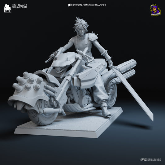 Front grayscale angle of Cloud Strife on his motorcycle holding the Buster Sword with one foot off the pedal.