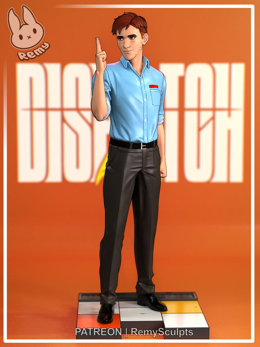 Robert Mecha Man Robertson 1:7 scale hero statue front view with raised finger pose, button down shirt, slacks, and tiled display base