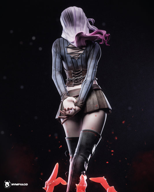 Sable Ward Dead By Daylight resin statue rear view render featuring corset lacing pleated skirt flowing hair and horror display base
