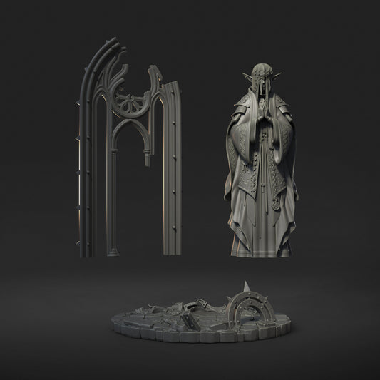 Saint Caldria of the Iron Vow elf cleric resin tabletop miniature exploded parts layout with ruined cathedral arch priestess figure and shattered relic base Dungeons and Dragons miniature
