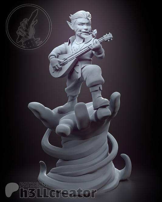 Scanlan Shorthalt Vox Machina figure unpainted grey render front view showing bard outfit and lute pose