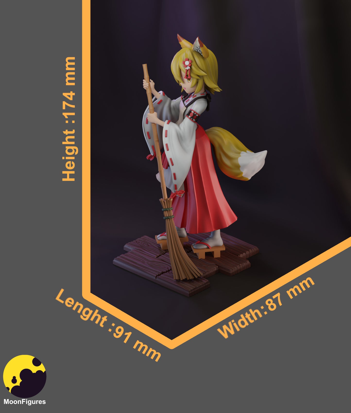 Senko-San The Helpful Fox 1:10 scale collectible figure colored angled render with base dimensions height length width