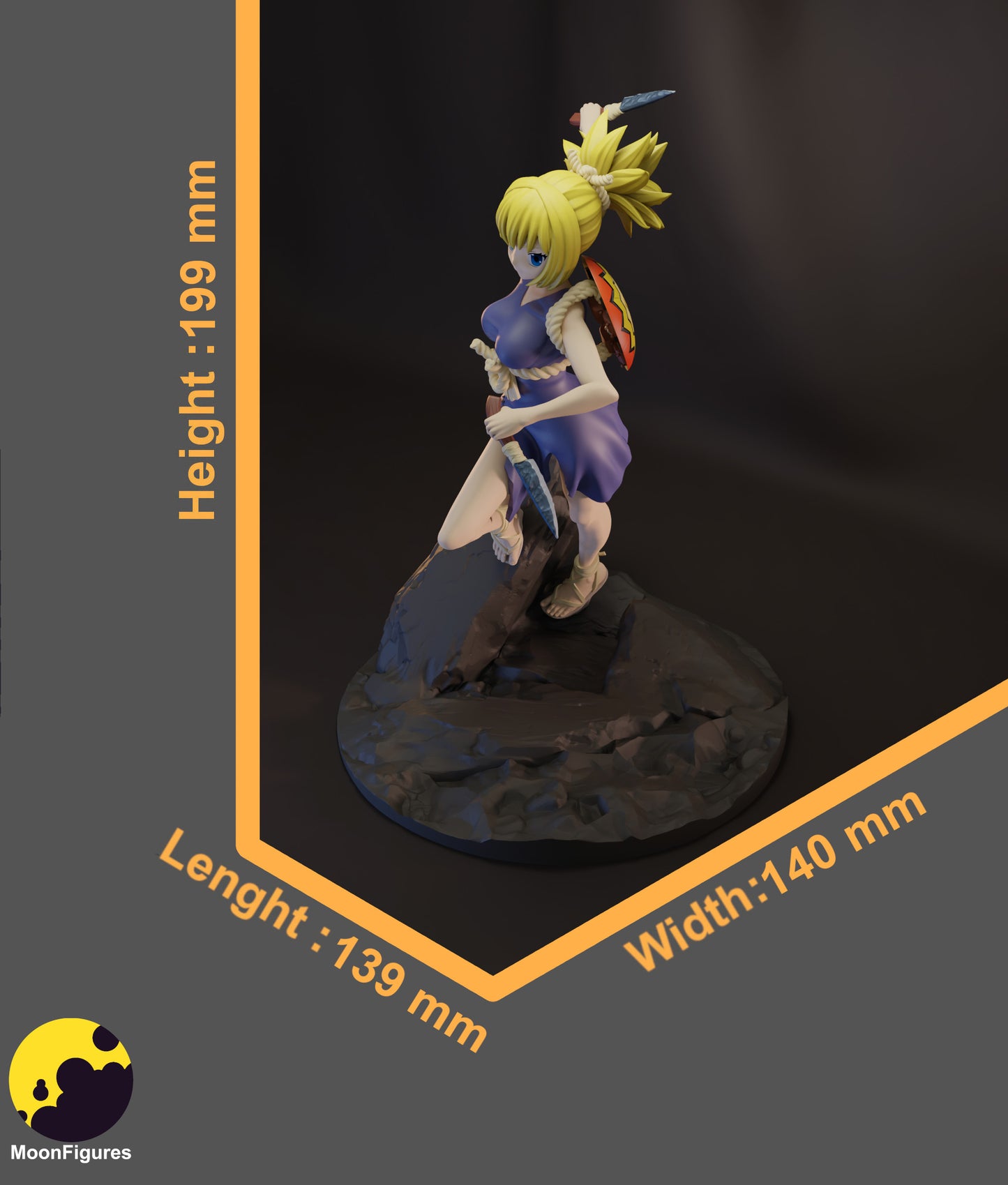 Painted render of Kohaku figure with determined expression, detailed outfit, and dynamic stance on rock base.