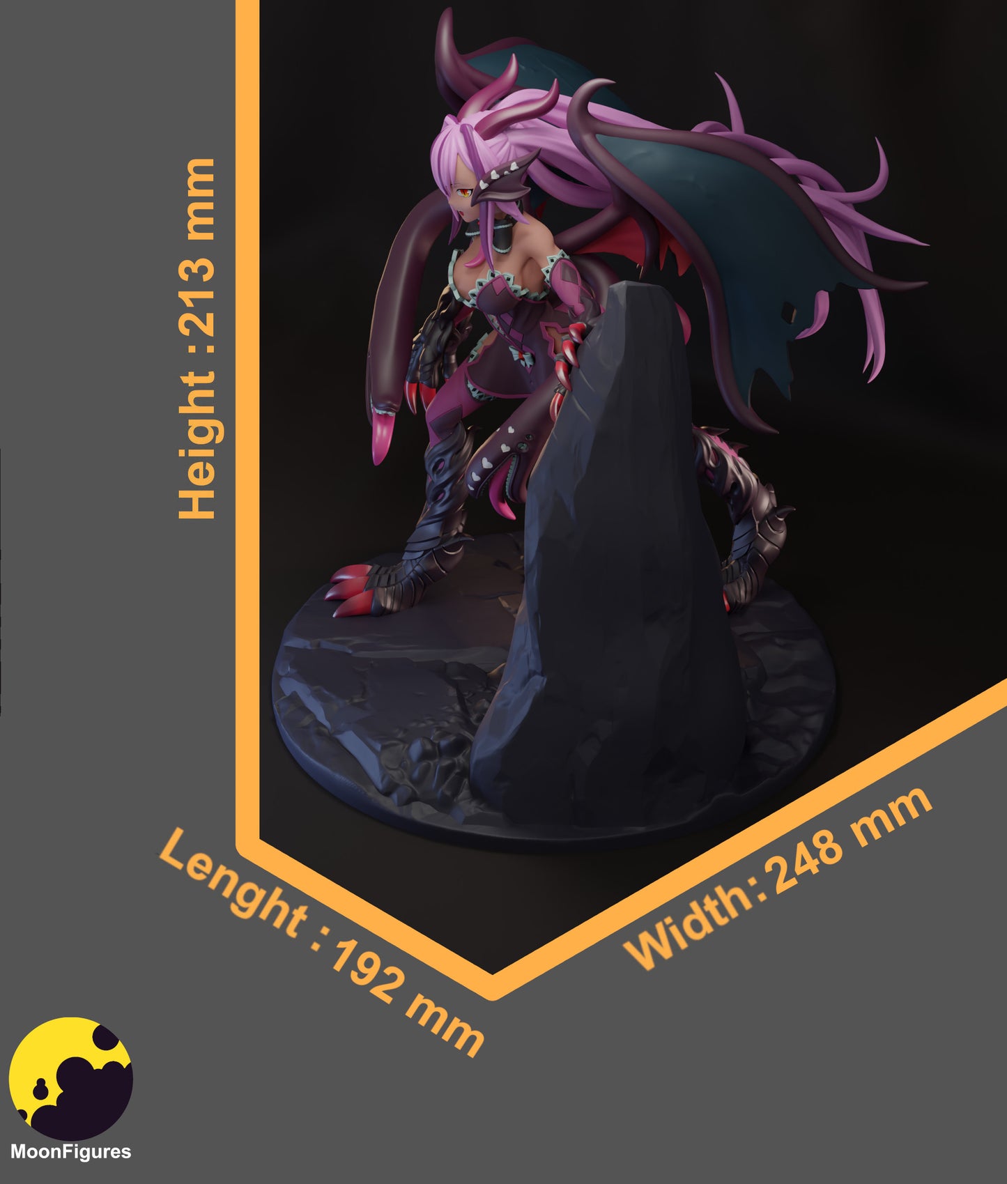 Jabberwock 1:10 scale figure size reference showing full assembled statue on rocky base with labeled dimensions of 213mm height, 248mm width, and 192mm length