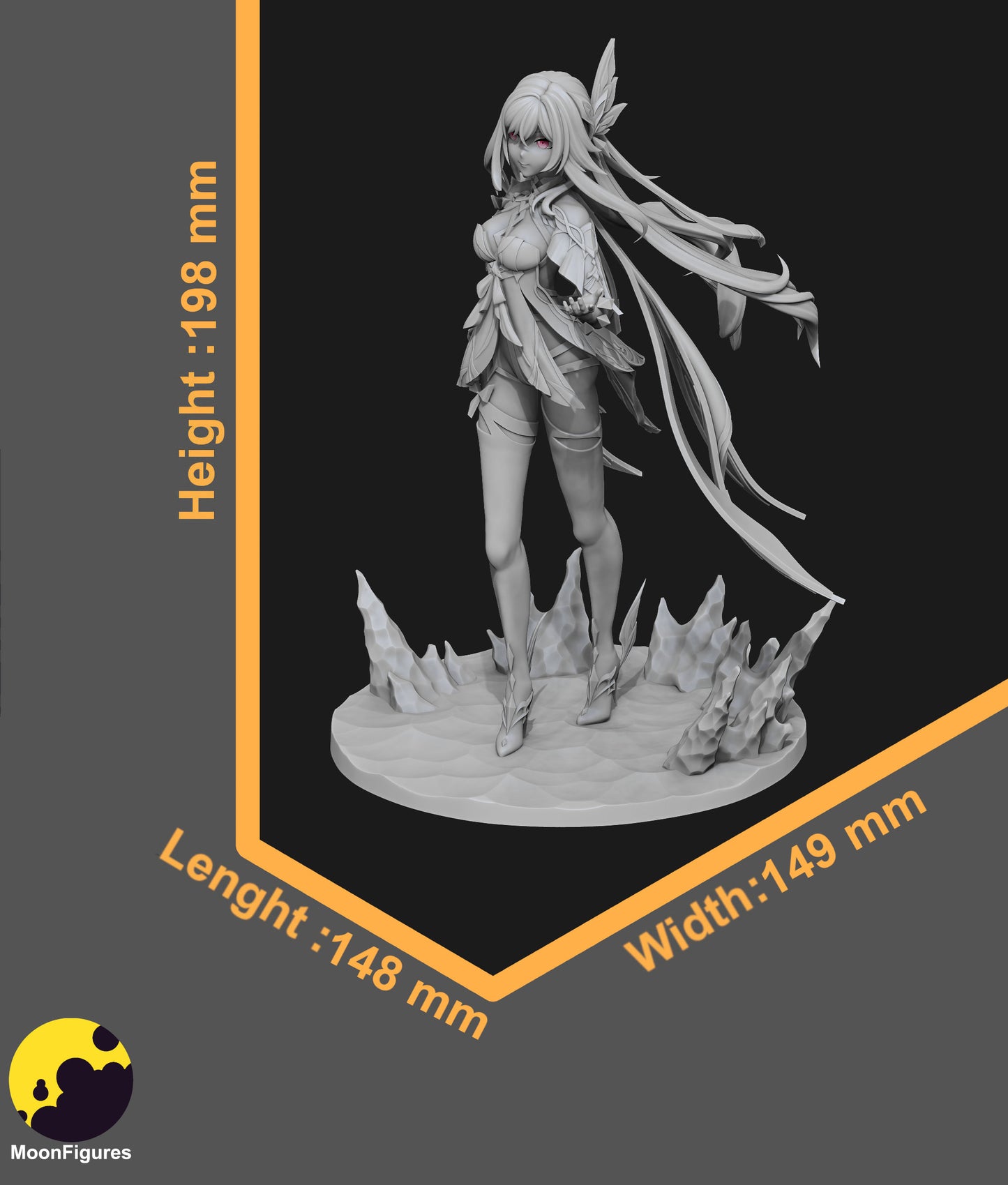 Skirk Genshin Impact 1:10 scale collectible figure grayscale render with size dimensions