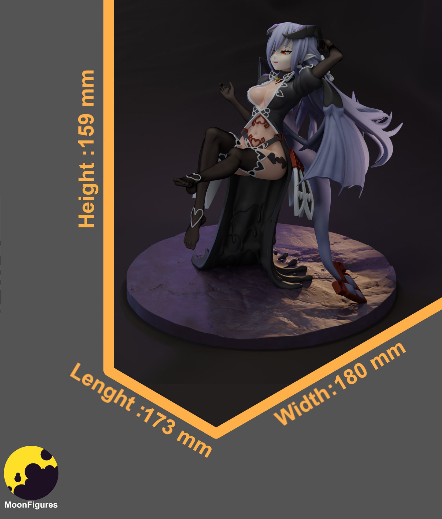 Full-color render of Lilim figure with detailed base dimensions labeled for 1:10 scale display.