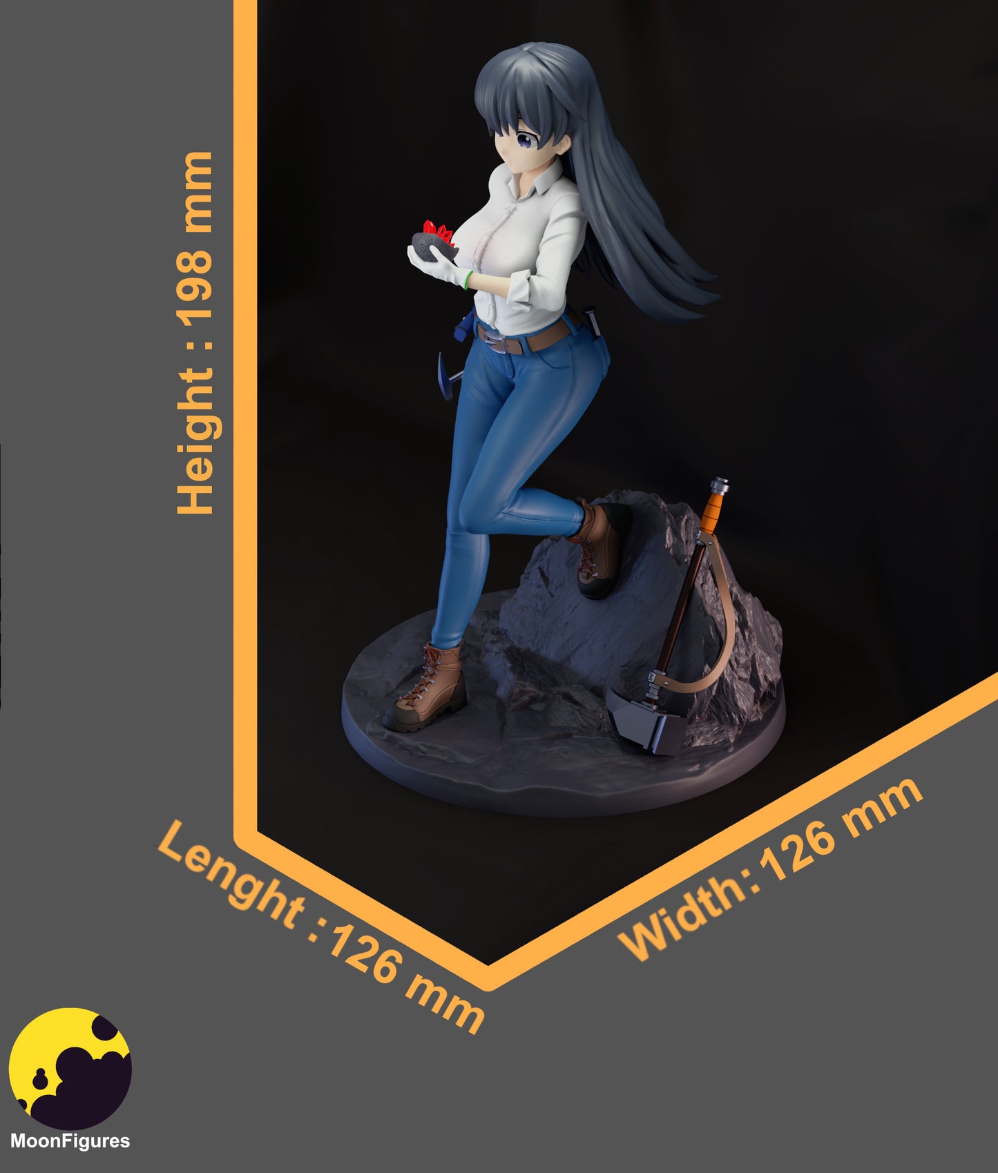 Full-color render of Nagi Arato collectible figure standing on rocky terrain, holding a gemstone and leaning on a pickaxe.