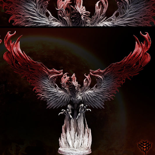 Close-up view of Skies of Fire and Ice phoenix miniature front, showing spread wings and clawed base perch.