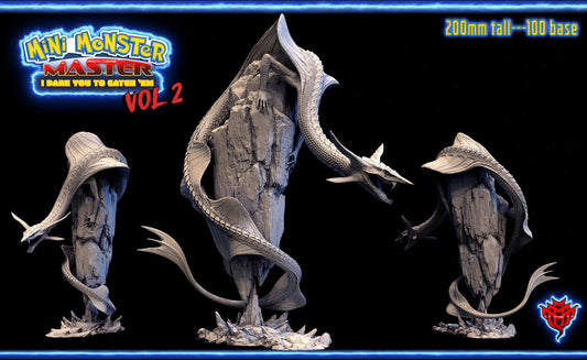 Skyfall Serpent miniature, revealing detailed scales, wings, and sharp teeth as it wraps around a tall rock.