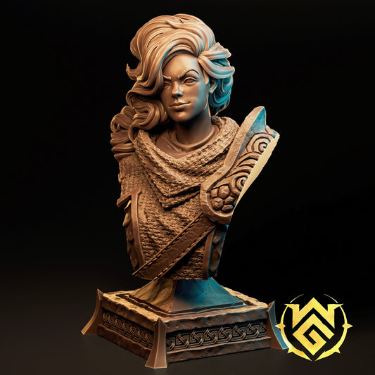 Sloure Gatekeeper human fighter fantasy bust miniature featuring flowing side-swept hair fur mantle engraved shoulder armor and stern warrior expression for Dungeons and Dragons and fantasy RPG displays