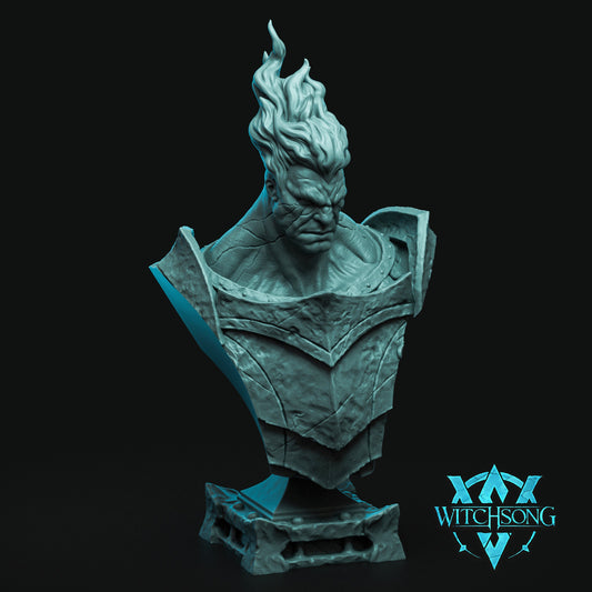 Surtr Fire Giant bust miniature with flame styled hair, armored shoulders, stern expression, stone pedestal display DnD Norse mythology monster