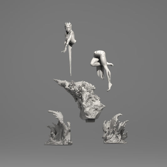 Thalassia Virelle sea elf sorcerer resin tabletop miniature exploded parts layout with coral rock base ocean waves and aquatic female fantasy miniature