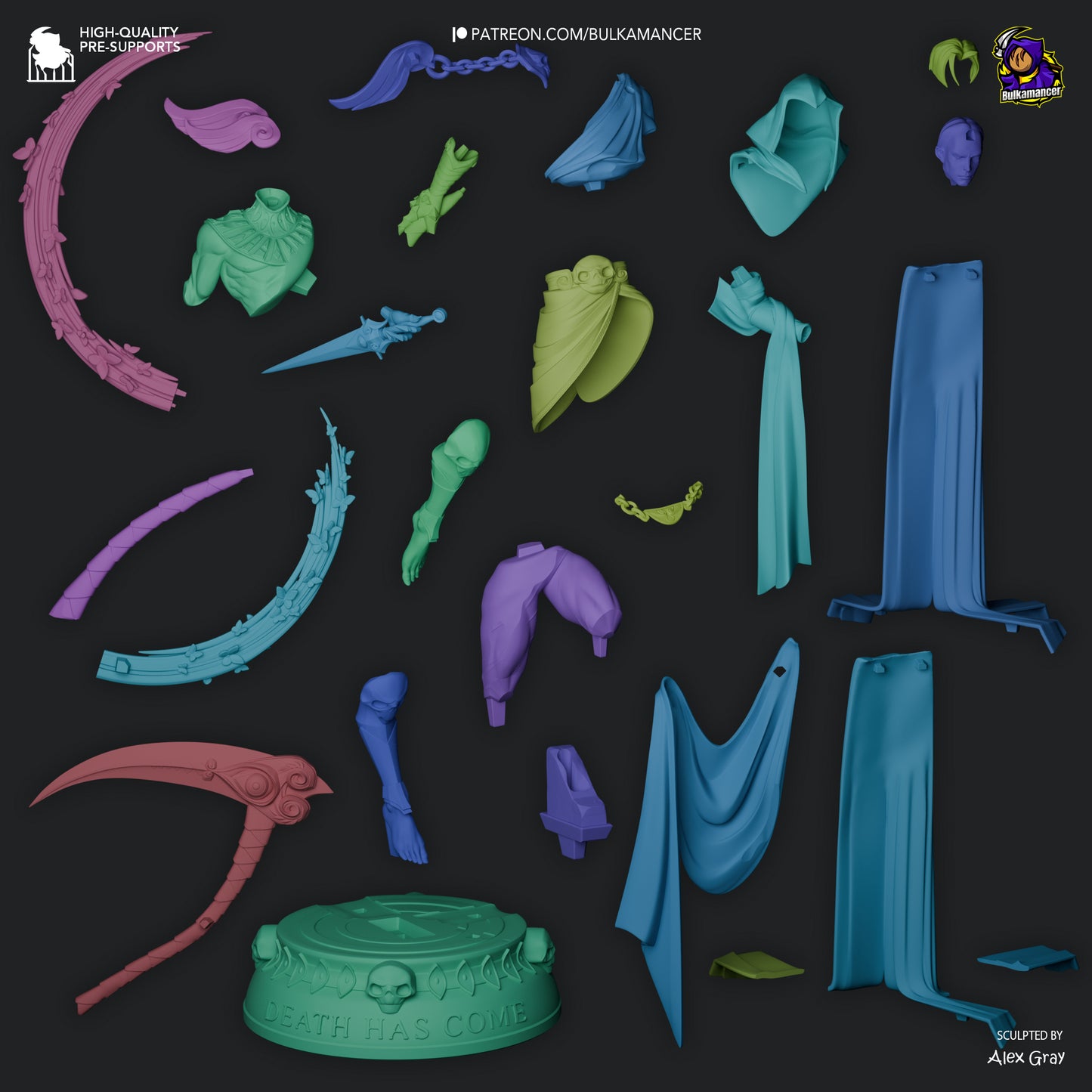 Exploded view of Thanatos 1:8 scale figure showing modular parts for assembly and painting.