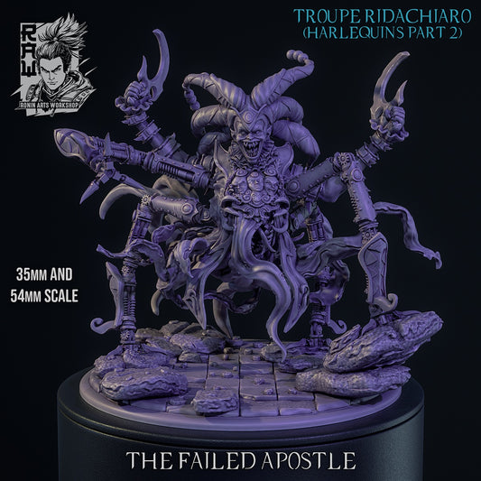 The Failed Apostle harlequin demon monster gray render with mechanical spider appendages hooked clown blades exposed flesh warped jester armor and horror resin miniature details