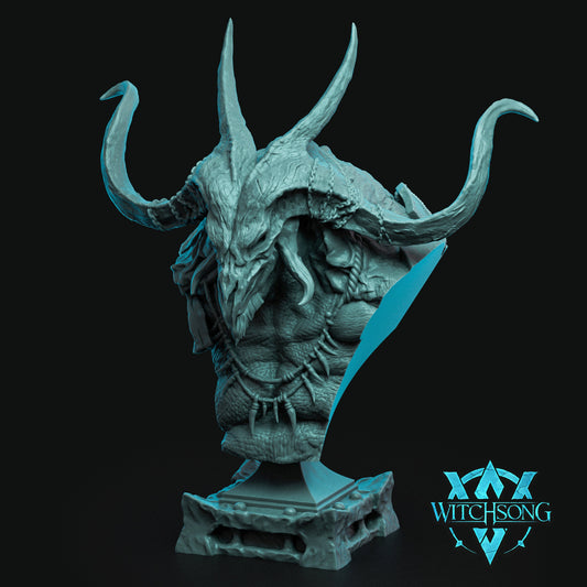The Fallen Minotaur bust resin display model featuring a horned skull helmet muscular beast body tribal bone necklace and grimdark fantasy creature details for Dungeons and Dragons collectors