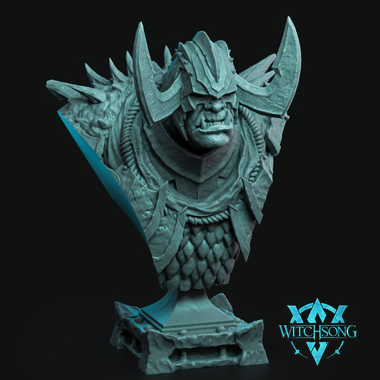 The Troll Overseer troll bust resin display model featuring a horned helmet scarred troll face layered armor spikes and monstrous fantasy creature details for Dungeons and Dragons collectors