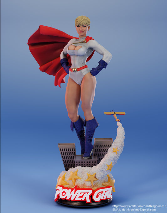 Powergirl DC Comics 1:6 scale figure full view with short hairstyle portrait, hands on hips, cape flowing, positioned on detailed city base with plane trail accent