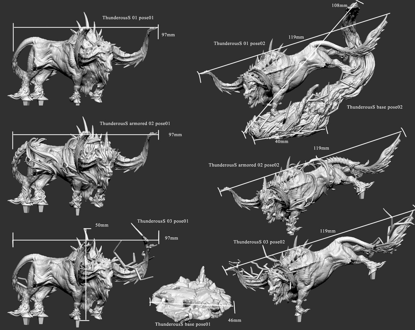 Lightning elemental ox miniature scale reference showing multiple poses and base options, thunder elemental monster sizing guide for tabletop miniatures