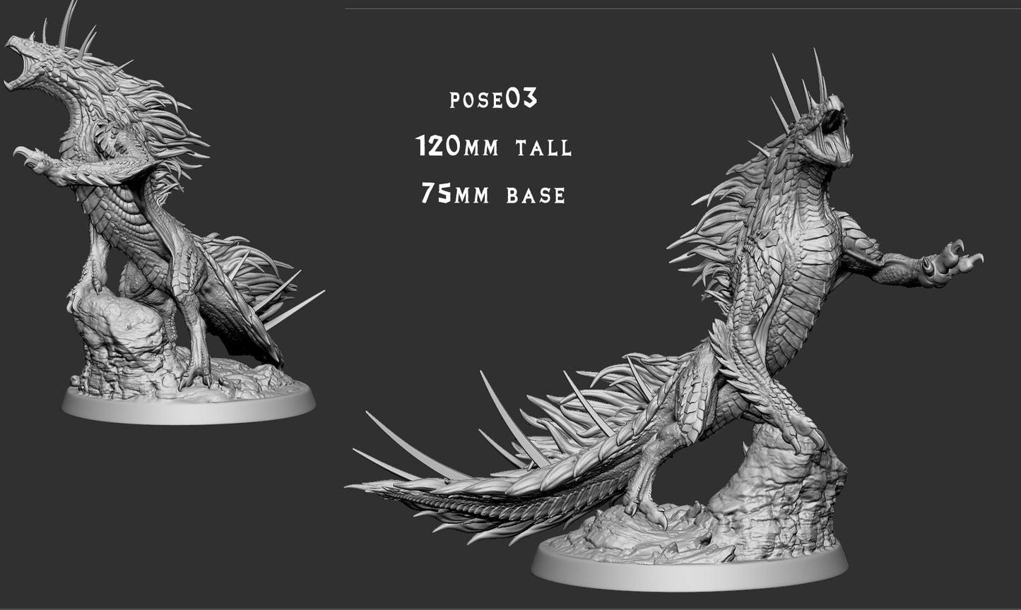 Todach Monster Hunter inspired fanged wyvern miniature scale reference image third pose, rearing stance with spikes and claws emphasized, Monster Madness Vol 1 creature