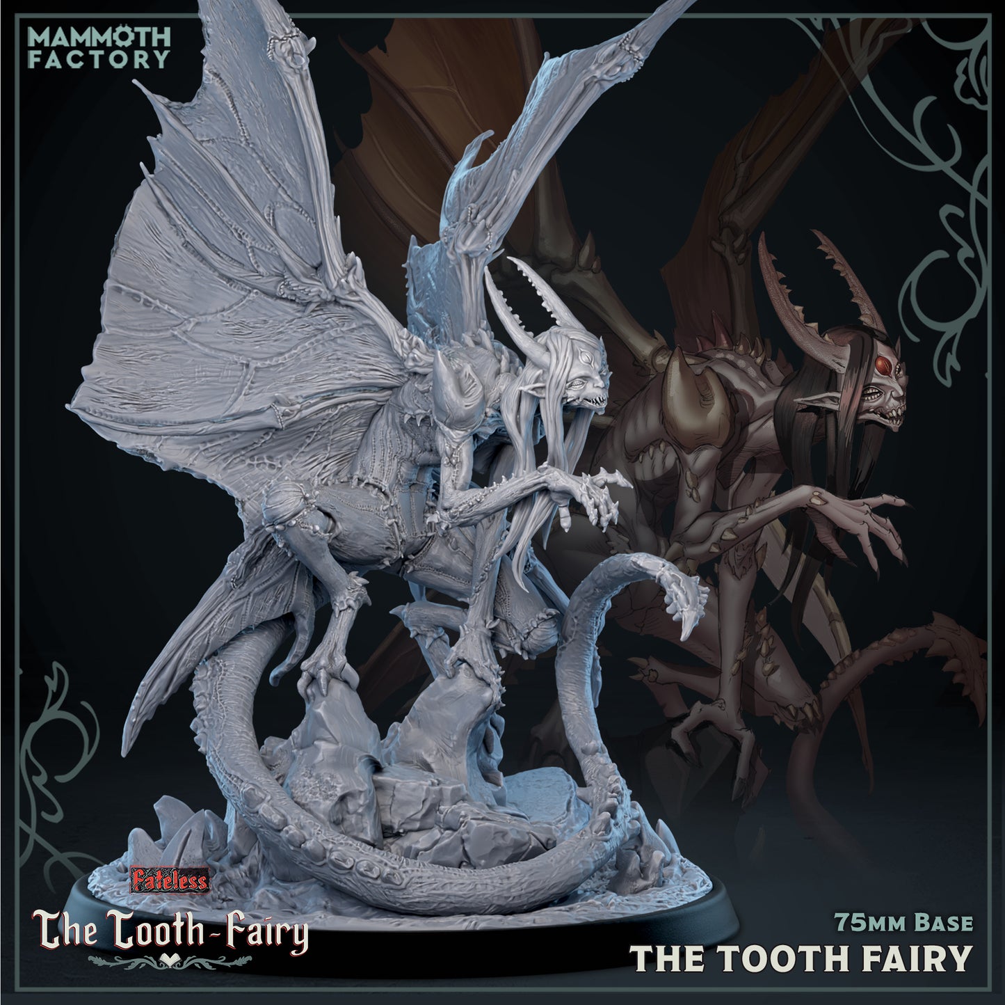 Tooth Fairy Fateless 75mm resin miniature horror monster with wings, fangs and serpentine tail for tabletop RPGs and collectors.