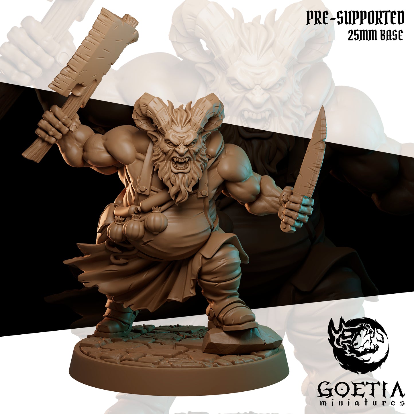 Tramor Hellish Cook fiend brute miniature from Bringers of Disorder, horned infernal humanoid charging forward with a butcher cleaver and heavy mallet, muscular demon wearing apron and cooking tools, aggressive battle pose on a cracked stone base, grimdark Dungeons and Dragons tabletop miniature
