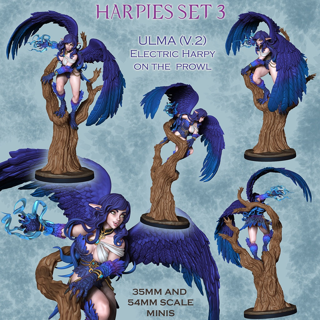 Ulma electric harpy miniature painted collage showing multiple angles perched on tree branch with large feathered wings, lightning effects, storm themed Dungeons and Dragons monster 35mm 54mm