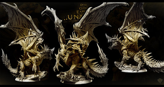 Three-angle render of Undead Blue Dragon figure displaying detailed sculpted texture and tail curvature.